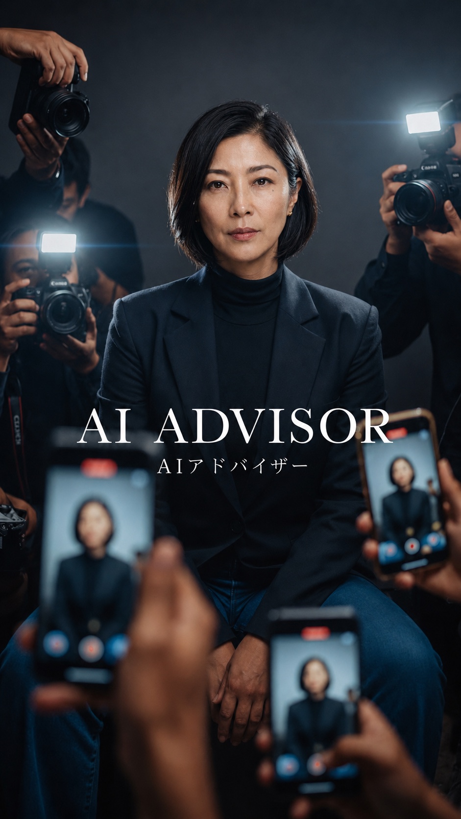 Reiki Akiyama diante de fotógrafos em um retrato editorial do AI Advisor